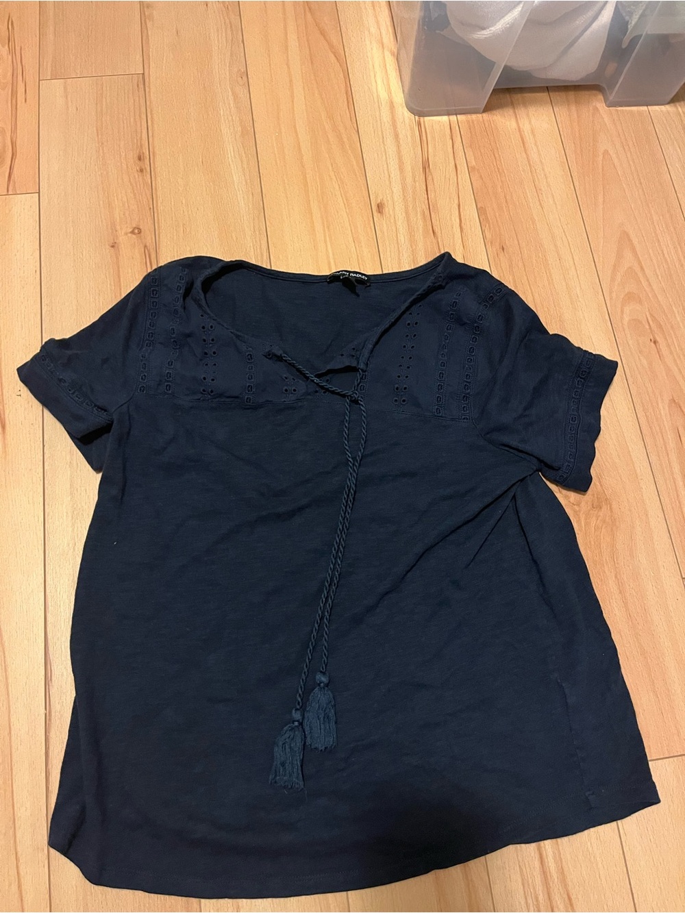 Hilary Radley Navy Short Sleeve Tassel Tie Eyelet Blouse